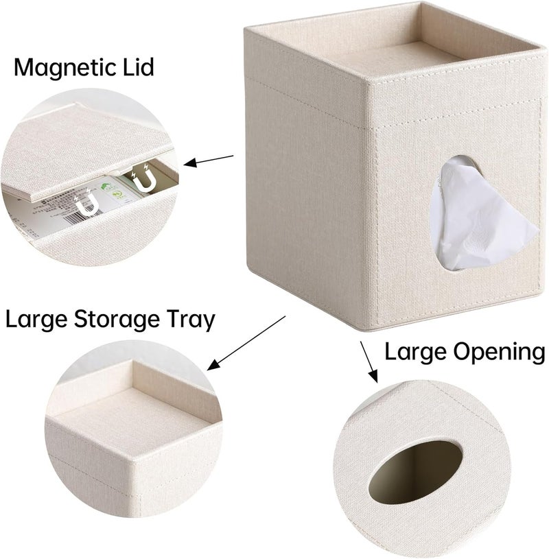 Cretkhp Tissue Box Cover, PU Leather Square Tissue Box Holder with Storage Tray for Bathroom Vanity Countertop Night Stands Bedroom Office Desk, Stylish Tissue Holder Decorative Organizer (Linen) - Image 3